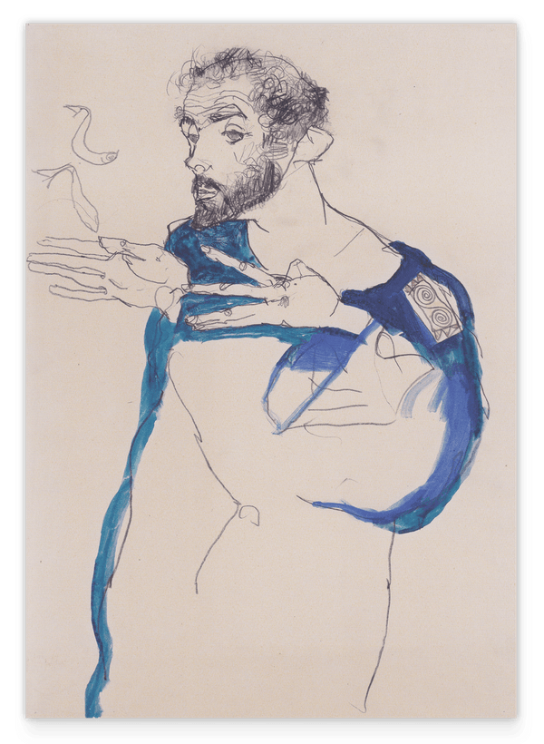 Egon Schiele - Gustav Klimt in einem hellblauen Arbeitskittel (1913)