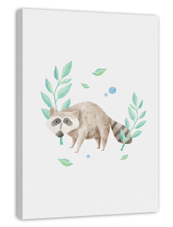 Waschbär im Wald, Wasserfarben-Zeichnung, Süße Illustration, Dekoration für Zuhause