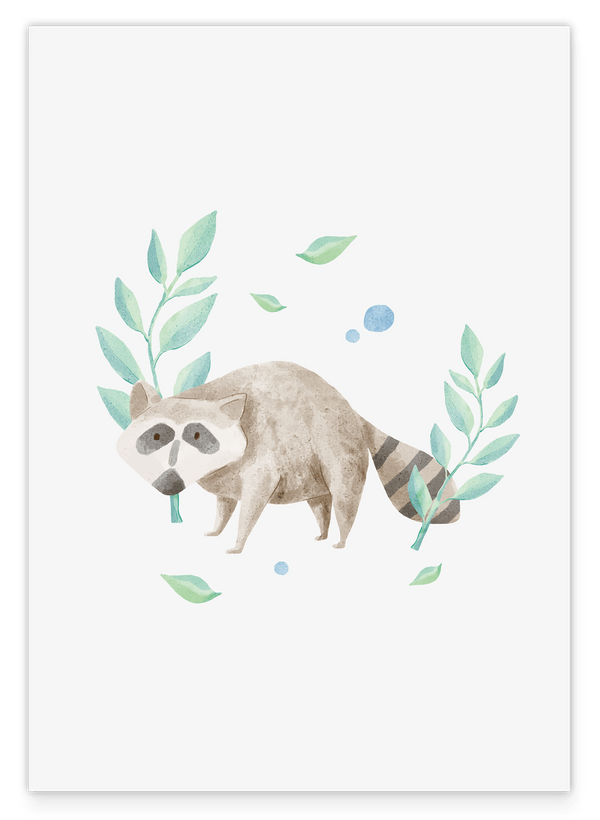 Waschbär im Wald, Wasserfarben-Zeichnung, Süße Illustration, Dekoration für Zuhause