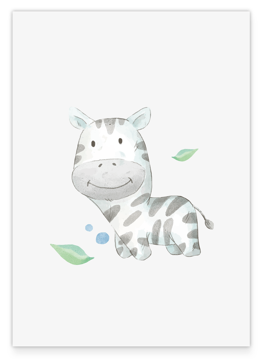 Happy Zebra, Cute Watercolor Illustration, Nursery Wall Decoration in White