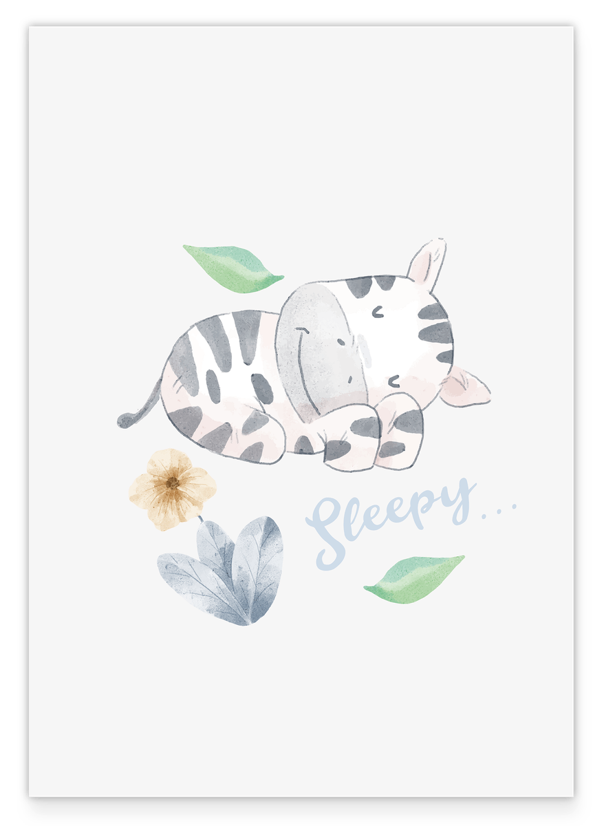 Schlafendes Zebra, Süße Wasserfarben-Illustration in Weiß, Kinderzimmer Wanddeko