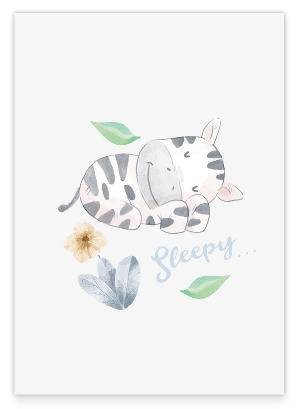 Schlafendes Zebra, Süße Wasserfarben-Illustration in Weiß, Kinderzimmer Wanddeko