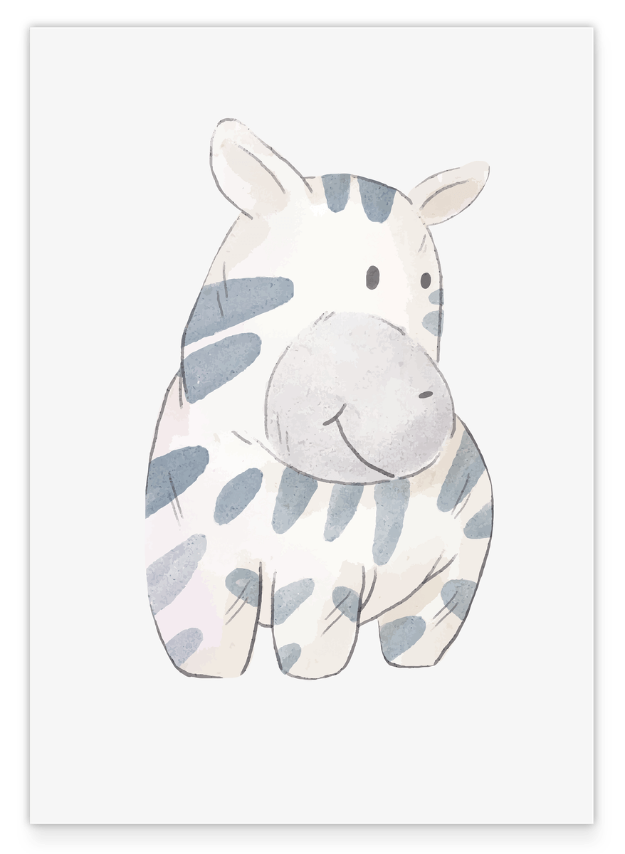 Smiling zebra from the side, children's decoration in white, cute watercolor illustration
