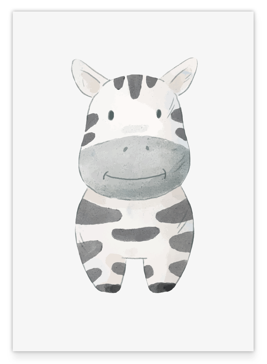 Lächelndes Zebra, Tier-Zeichnung in Wasserfarben, Kunst für Kinder, Deko für Zuhause