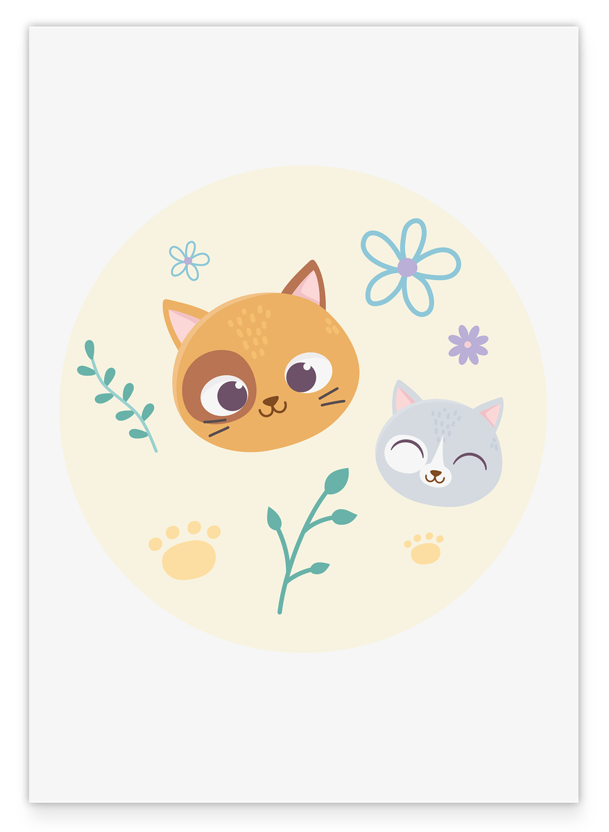 Cats in a flower field, cute illustration, drawing for children, home decor
