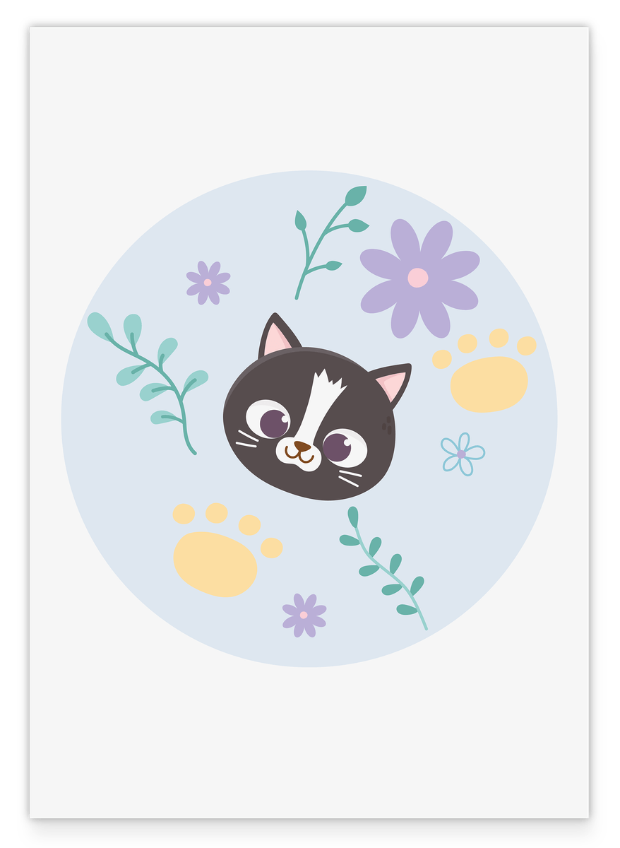Cat in a field of flowers, cute drawing, art for children, animal illustration, home decor