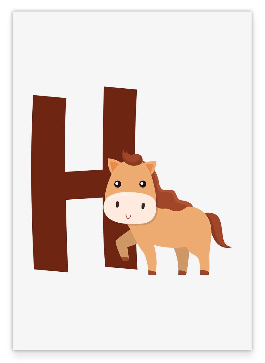 H is for Horse in white, children's letter illustration with horse - learning the English ABC