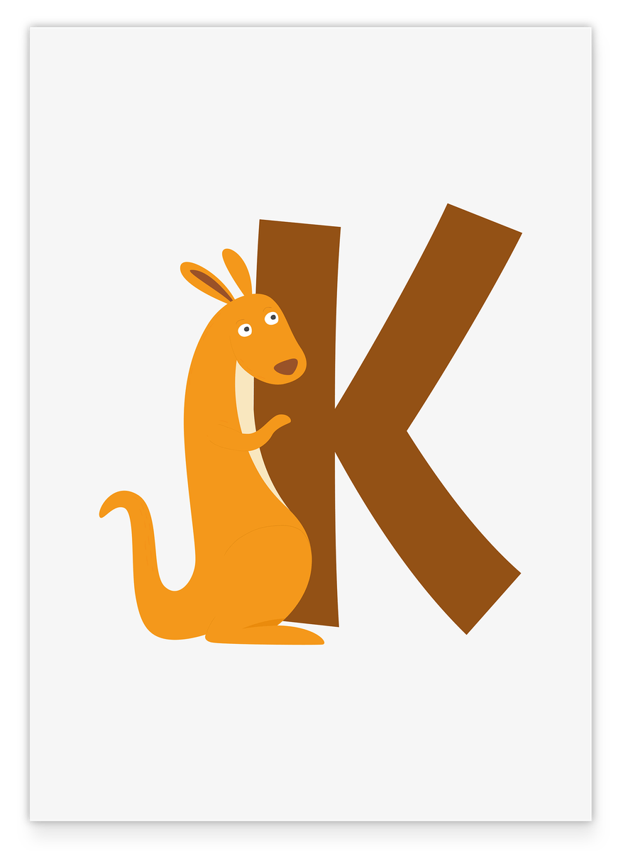 K is for Kangaroo, ABC Learning, Cute Illustration, Letter for Name, Home Decoration