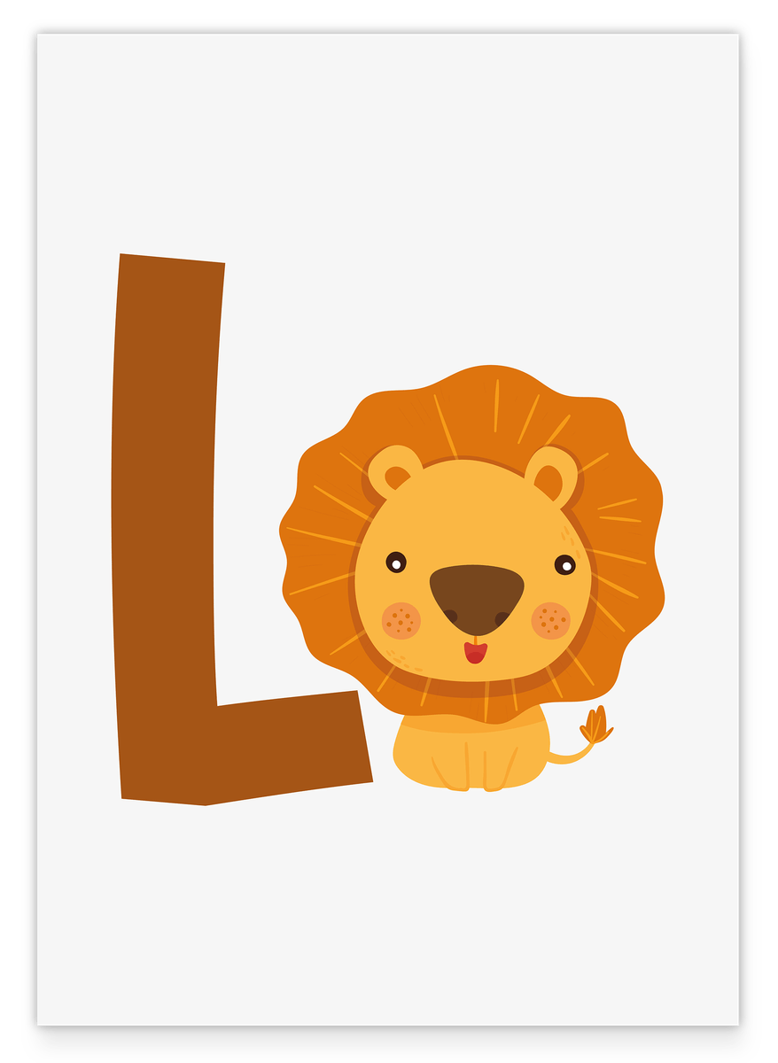 L is for Lion, ABC Learning, Cute Drawing, Illustration for Children, Letter for Name, Home Decor