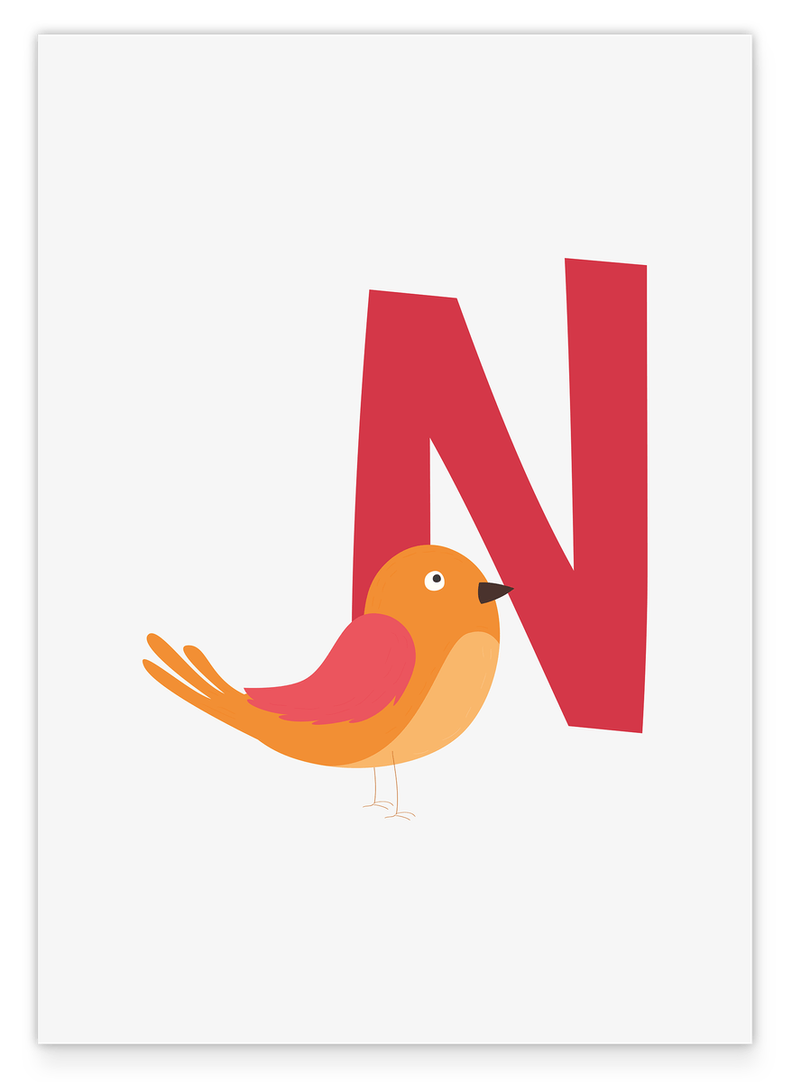 N is for Nightingale, Learning ABC, Cute Drawing, Letter for Name, Home Decoration