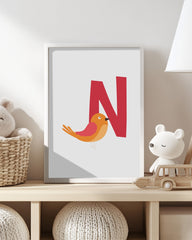 After Hover: N wie Nachtigall, ABC lernen, Süße Zeichnung, Buchstabe für Name, Dekoration für das Zuhause