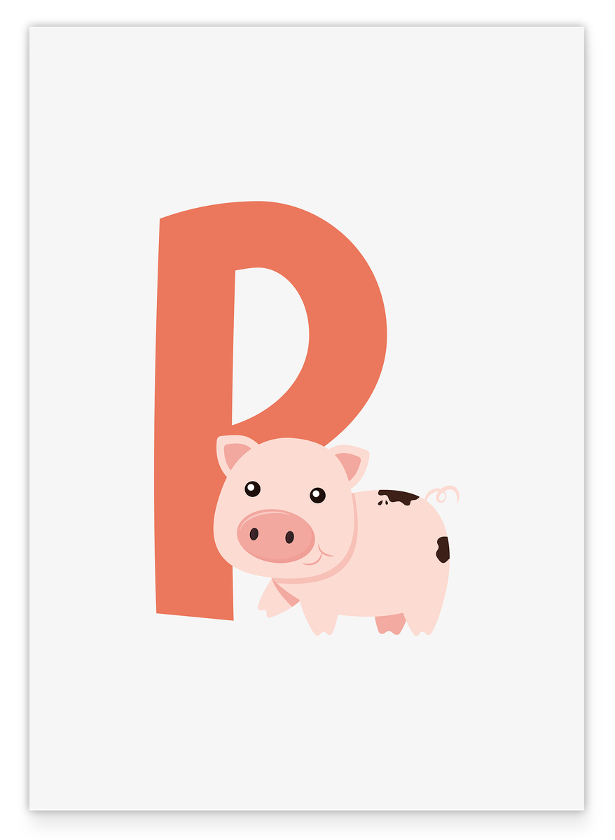 P for Pig in white, pig, English ABC learning, letter for name, children's room decor