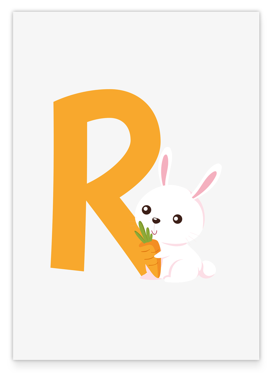 R is for Rabbit, decoration for children in white, rabbit illustration, letter for name, learning the English ABC