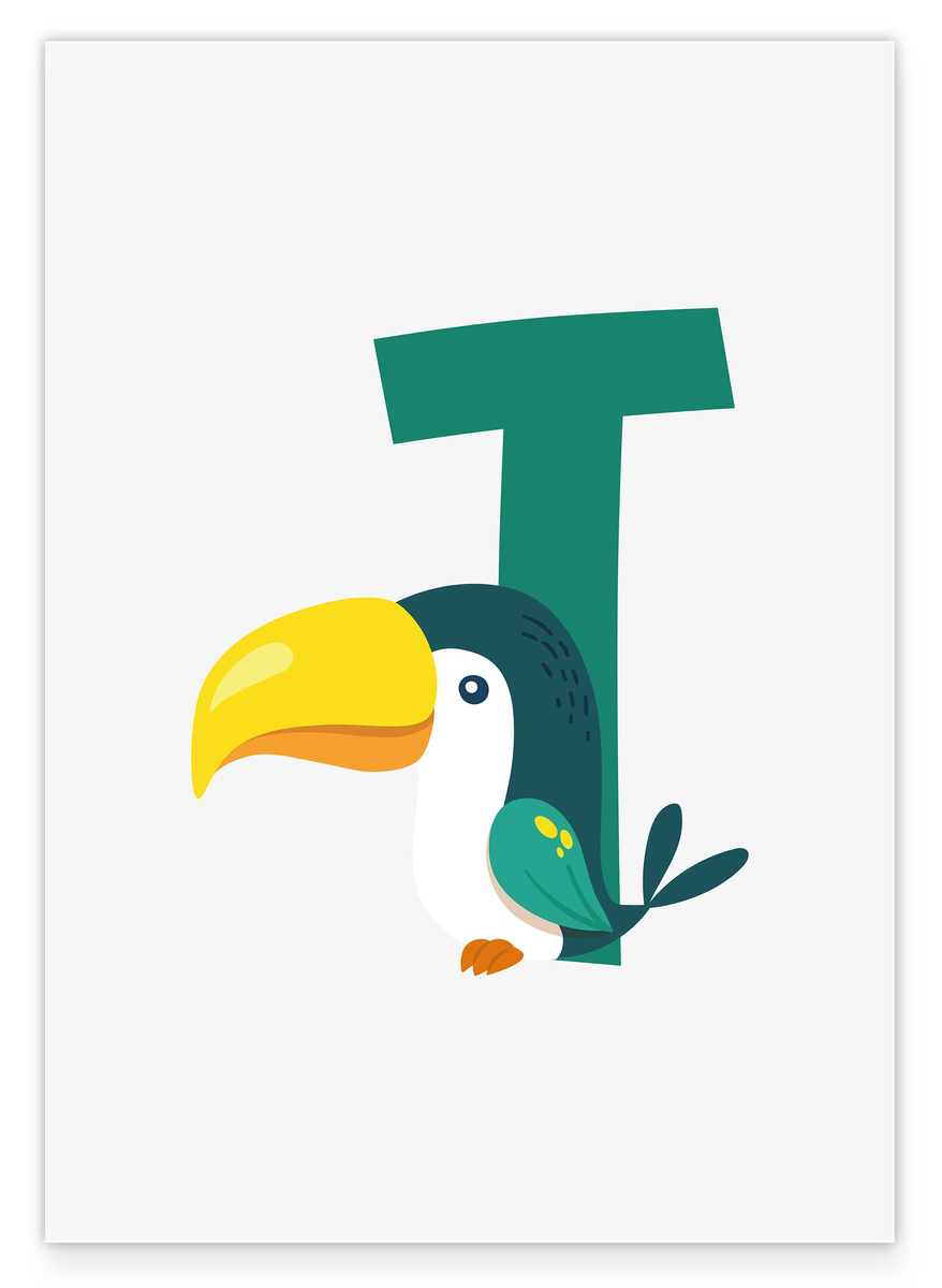 T is for Toucan, letter for name, ABC learning, cute drawing for children, home decoration