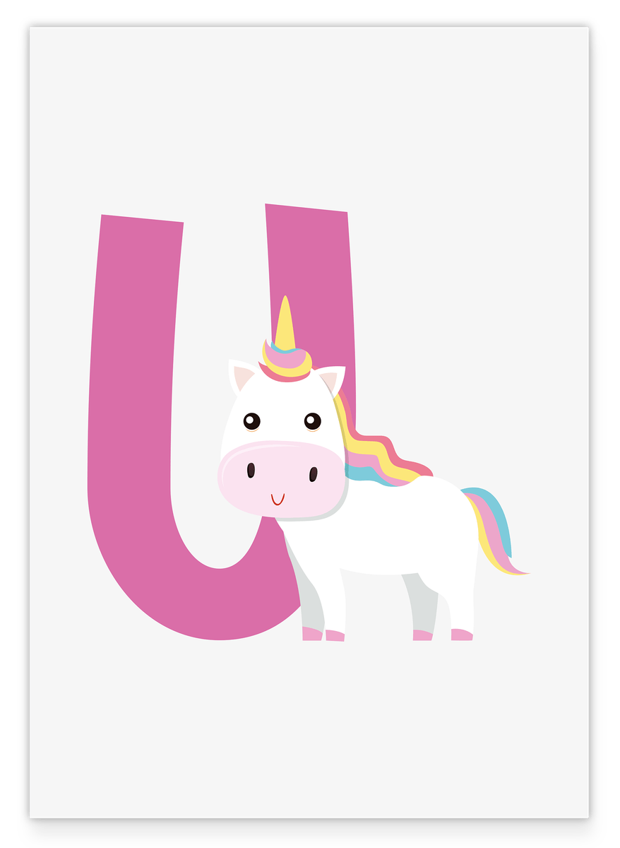 U is for Unicorn, Unicorn illustration in white, letter decoration for children - English ABC learning
