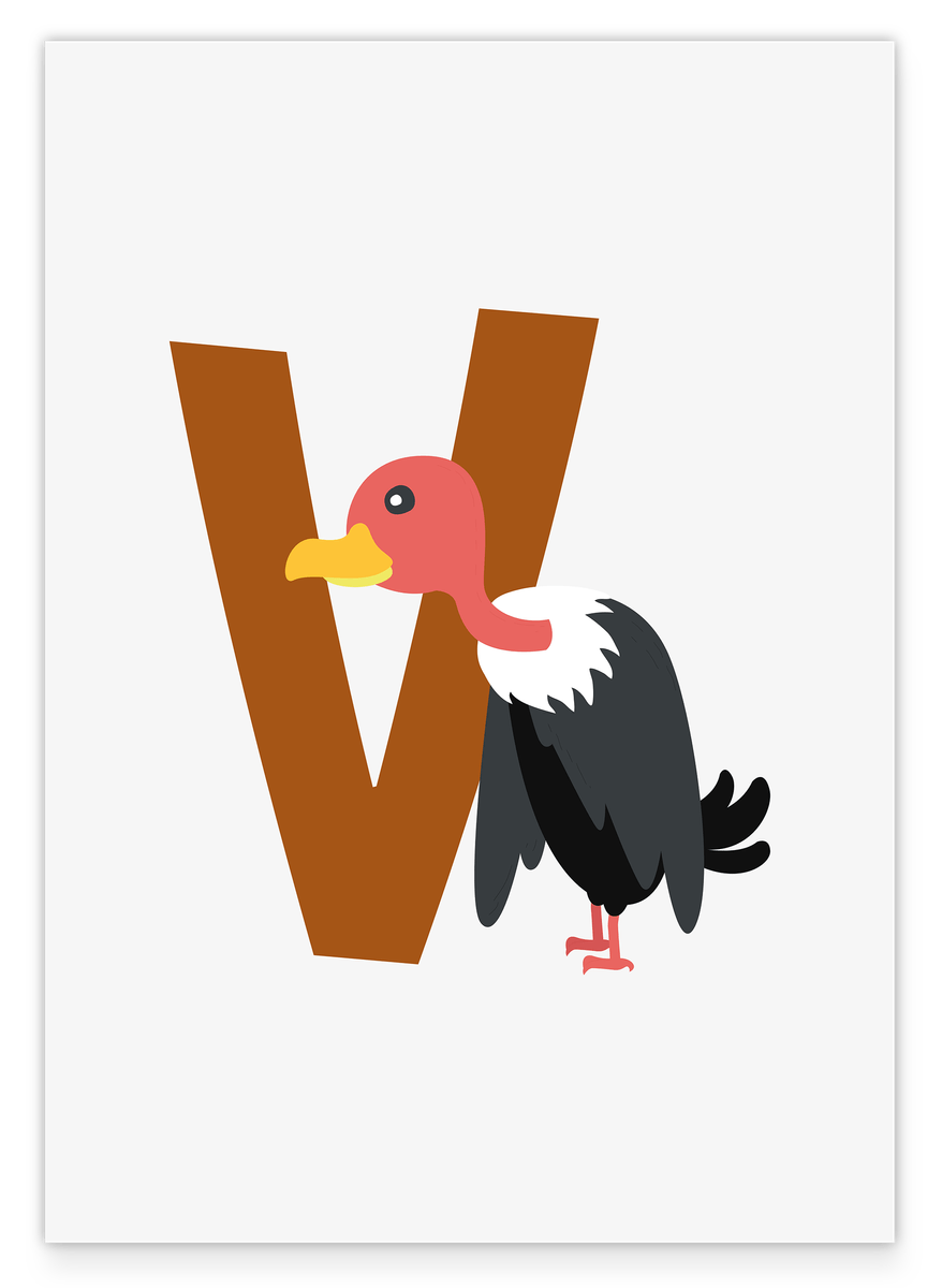 V is for Vulture, English ABC Learning, Cute Illustration, Letter for Name, Home Decoration