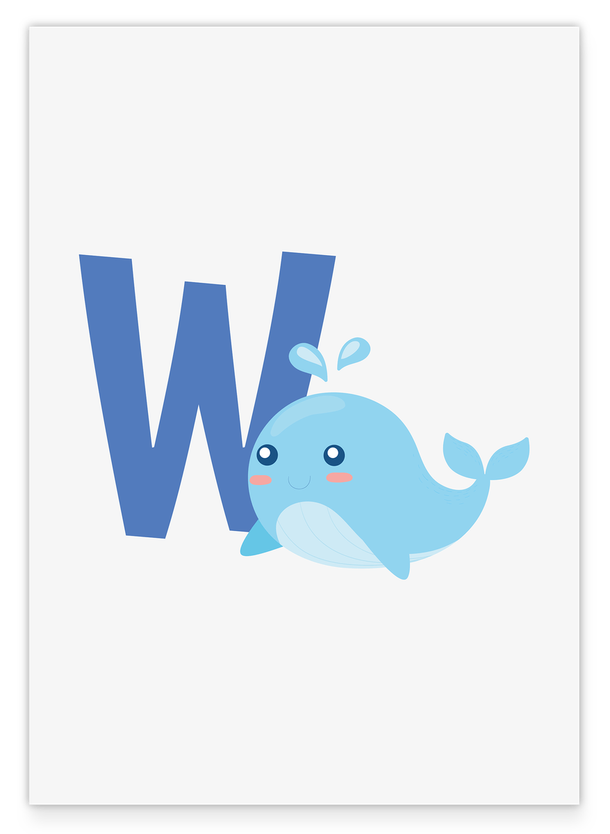 W is for Whale, letter for name, ABC learning, cute drawing for children, home decoration