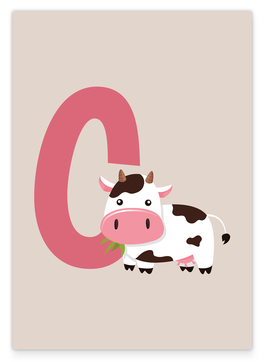 C is for Cow in Beige, Animal Illustration with Letter for Children - Cute Cow Drawing