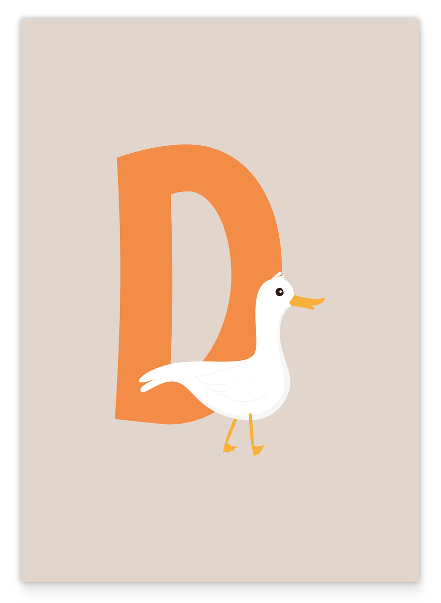D is for Duck, duck illustration in beige, English ABC learning, children's name letter picture