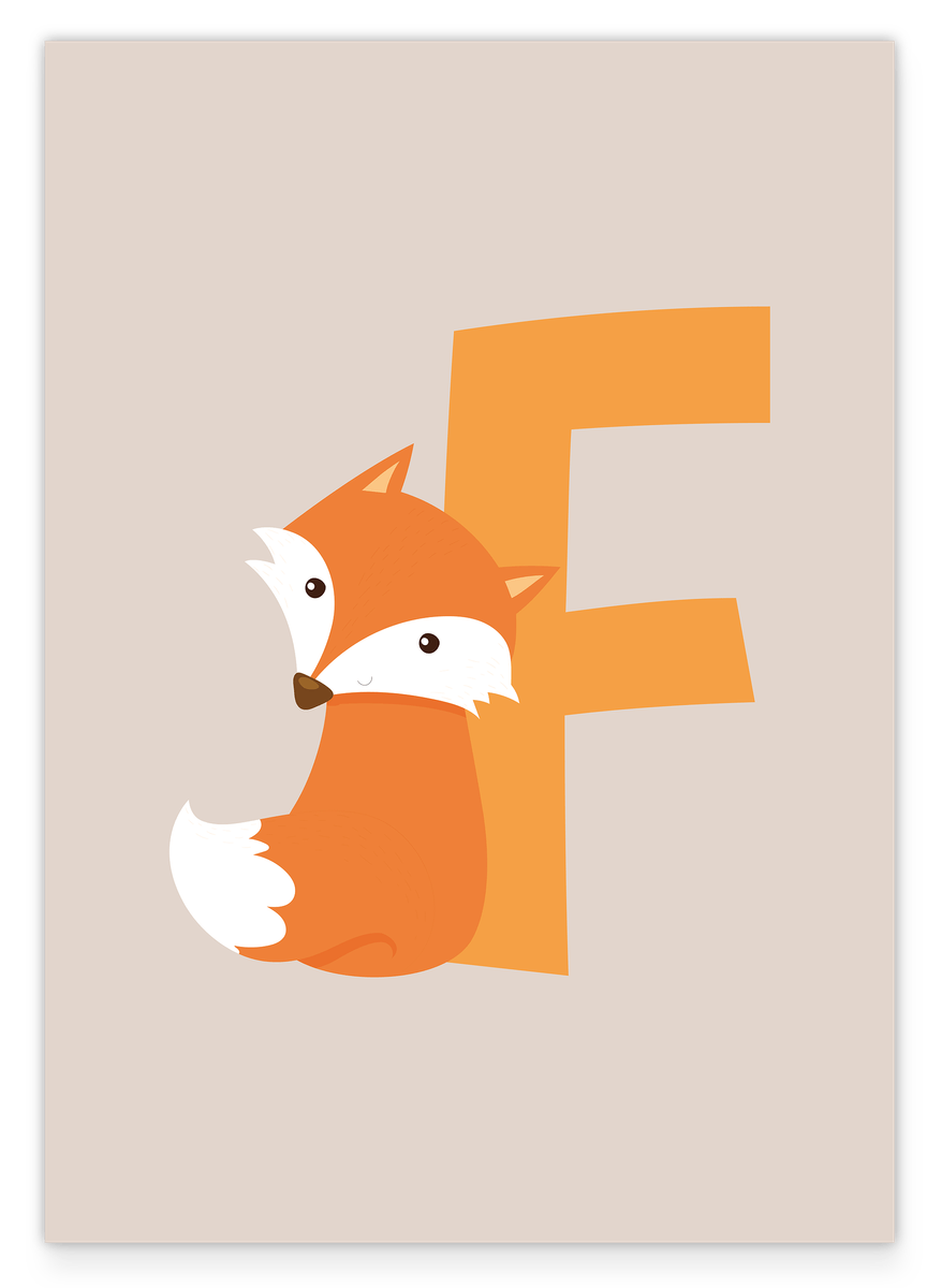 F is for Fox, ABC Learning, Letter for Name, Watercolor Illustration, Decoration for Children