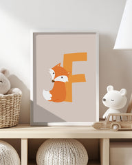 After Hover: F wie Fuchs, ABC Lernen, Buchstabe für Name, Wasserfarben-Illustration, Dekoration für Kinder