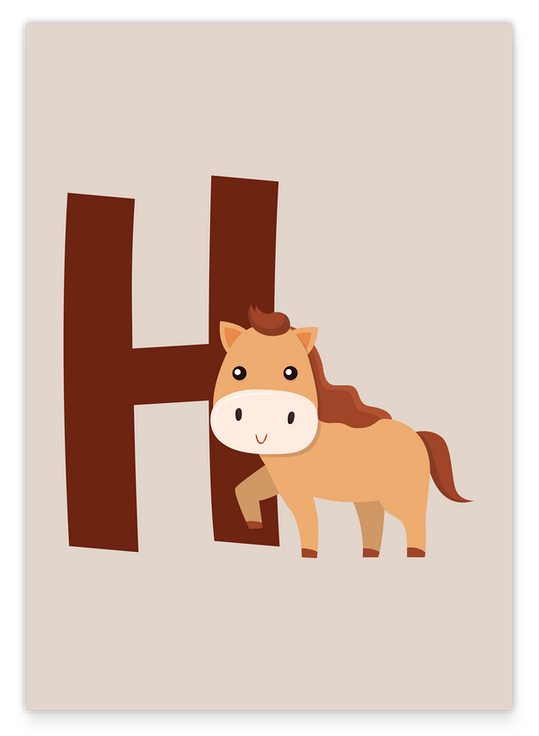 H wie Horse in Beige, Englisches ABC Lernen, Pferde Zeichnung für Kinder, Dekoration für Zuhause