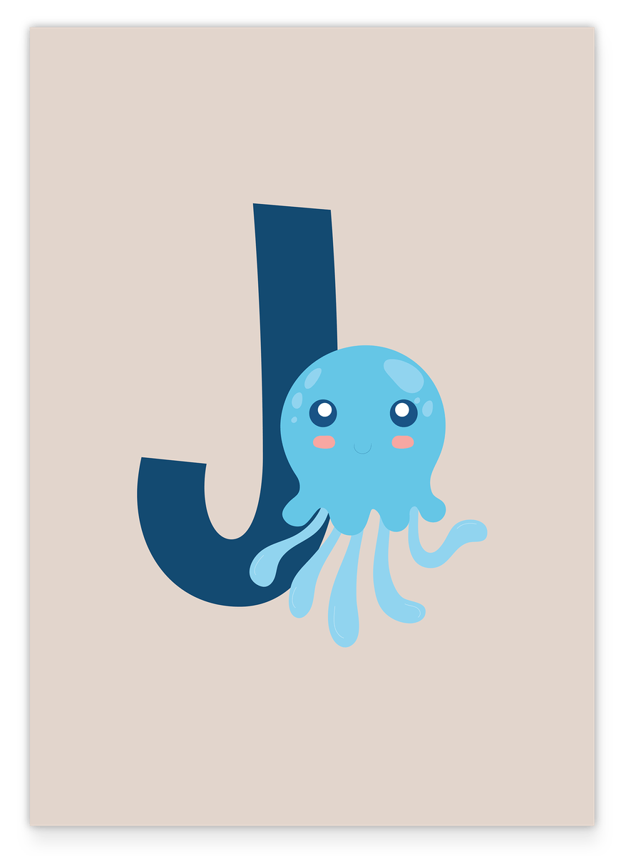 J is for Jellyfish, letter for name, English ABC learning, cute decoration for home