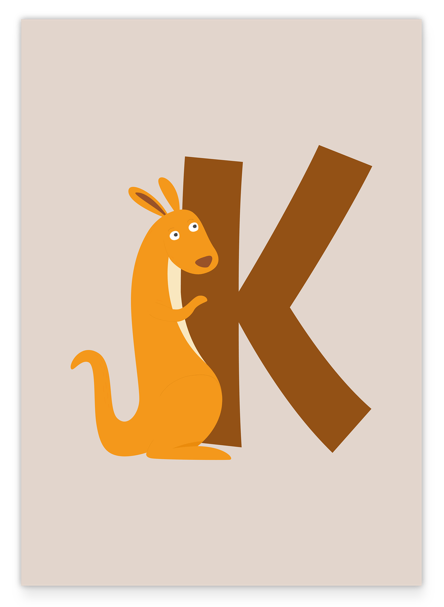 K is for Kangaroo, ABC Learning, Cute Illustration, Letter for Name, Home Decoration