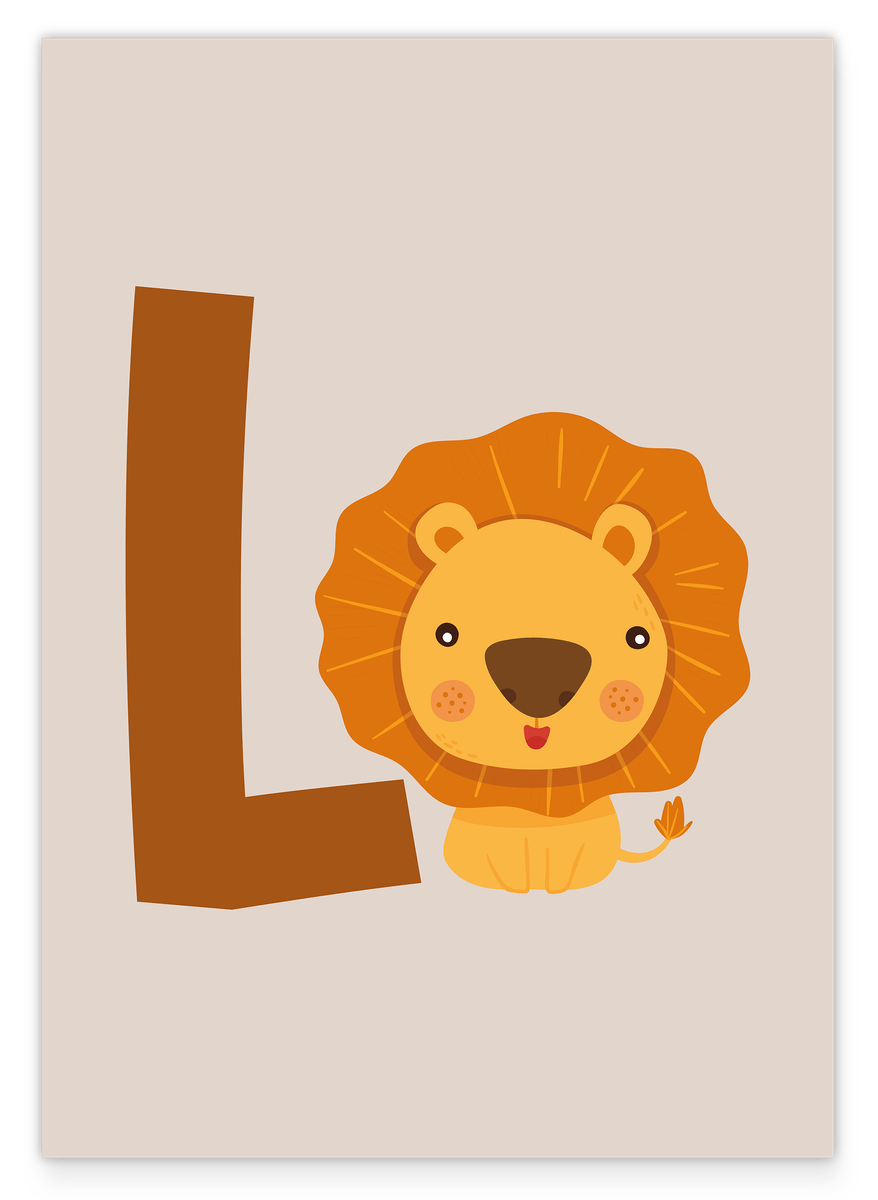 L is for Lion, ABC Learning, Cute Drawing, Illustration for Children, Letter for Name, Home Decor