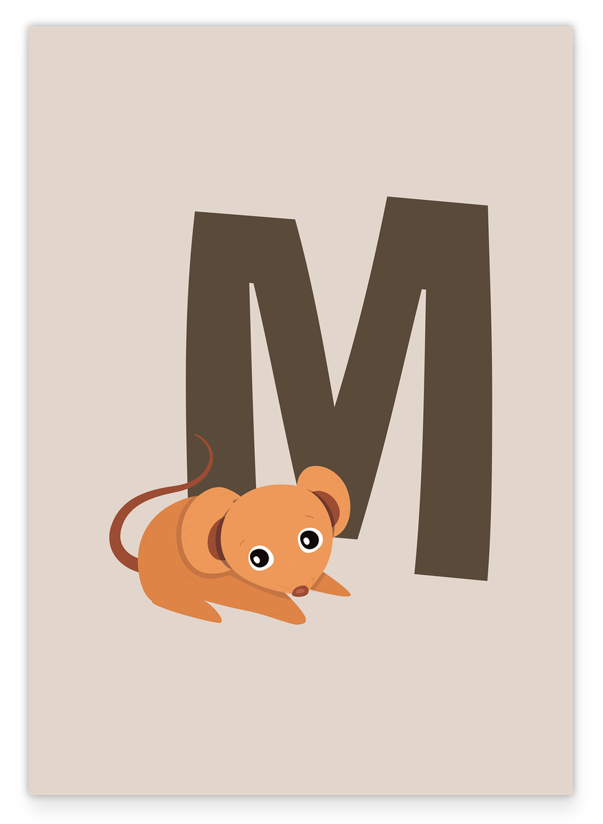 M is for Mouse, children's illustration in beige, ABC learning with letters