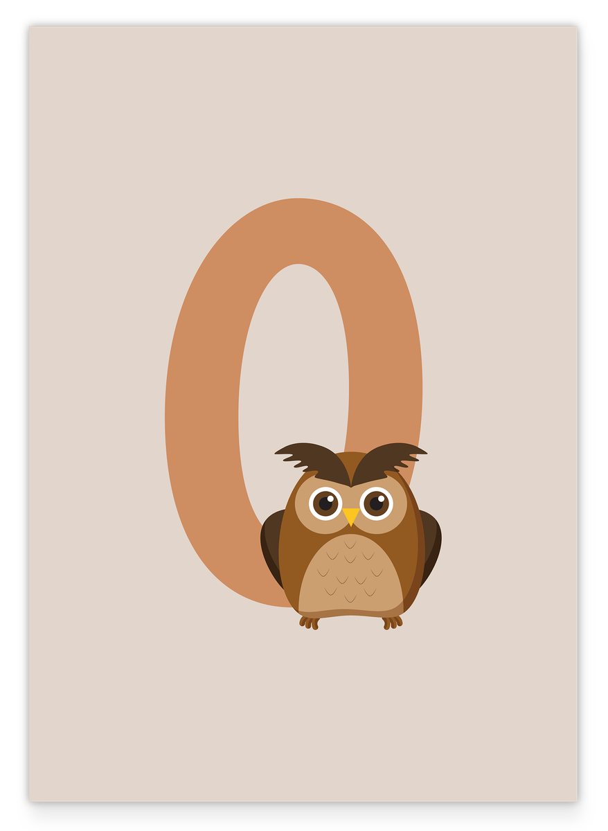 O is for Owl, Cute animal illustration with letter, Owl decoration for children in beige - English ABC