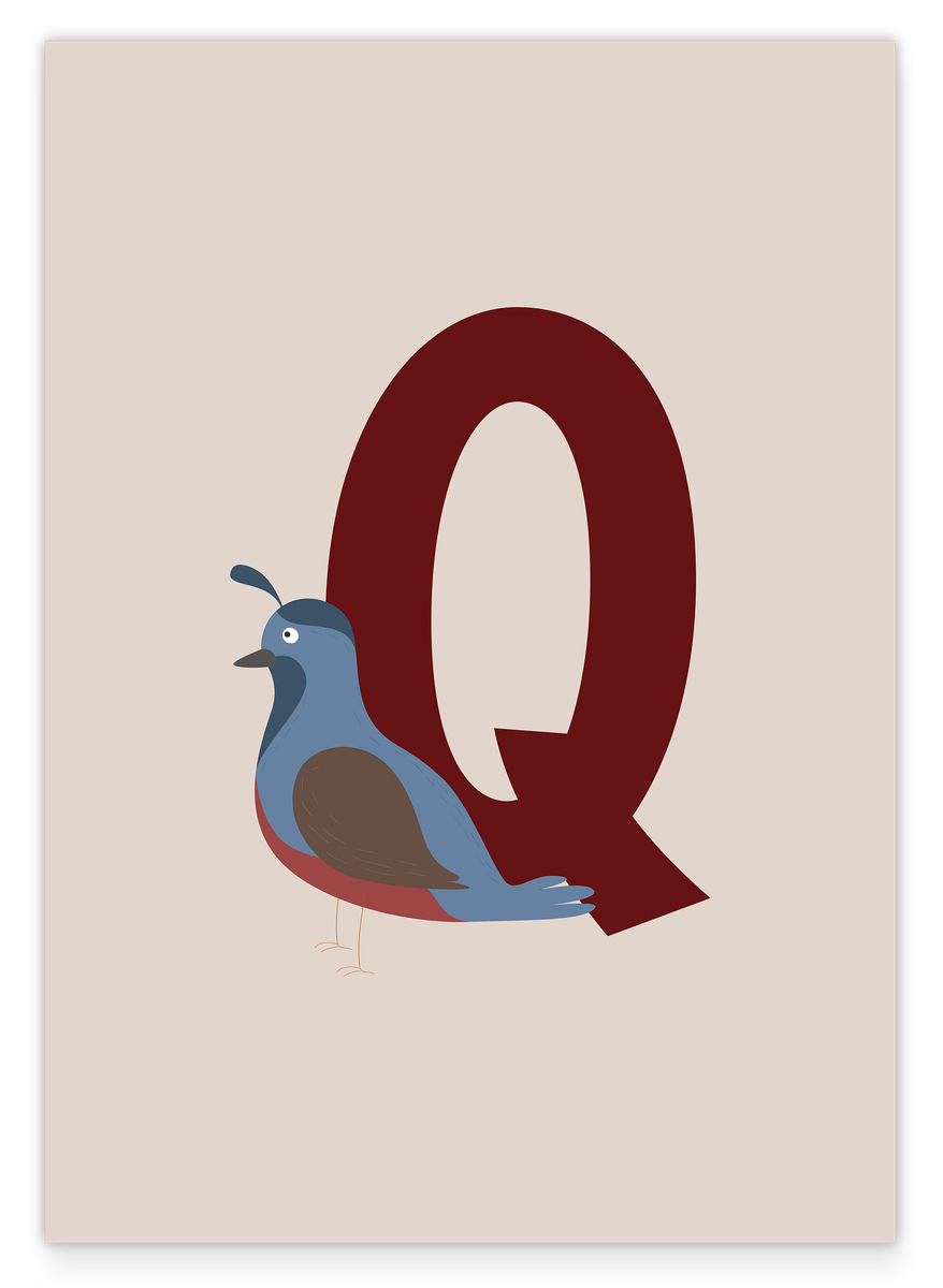 Letter for name, Q as in Quail - English ABC Learning, Children's Room Illustration in Beige