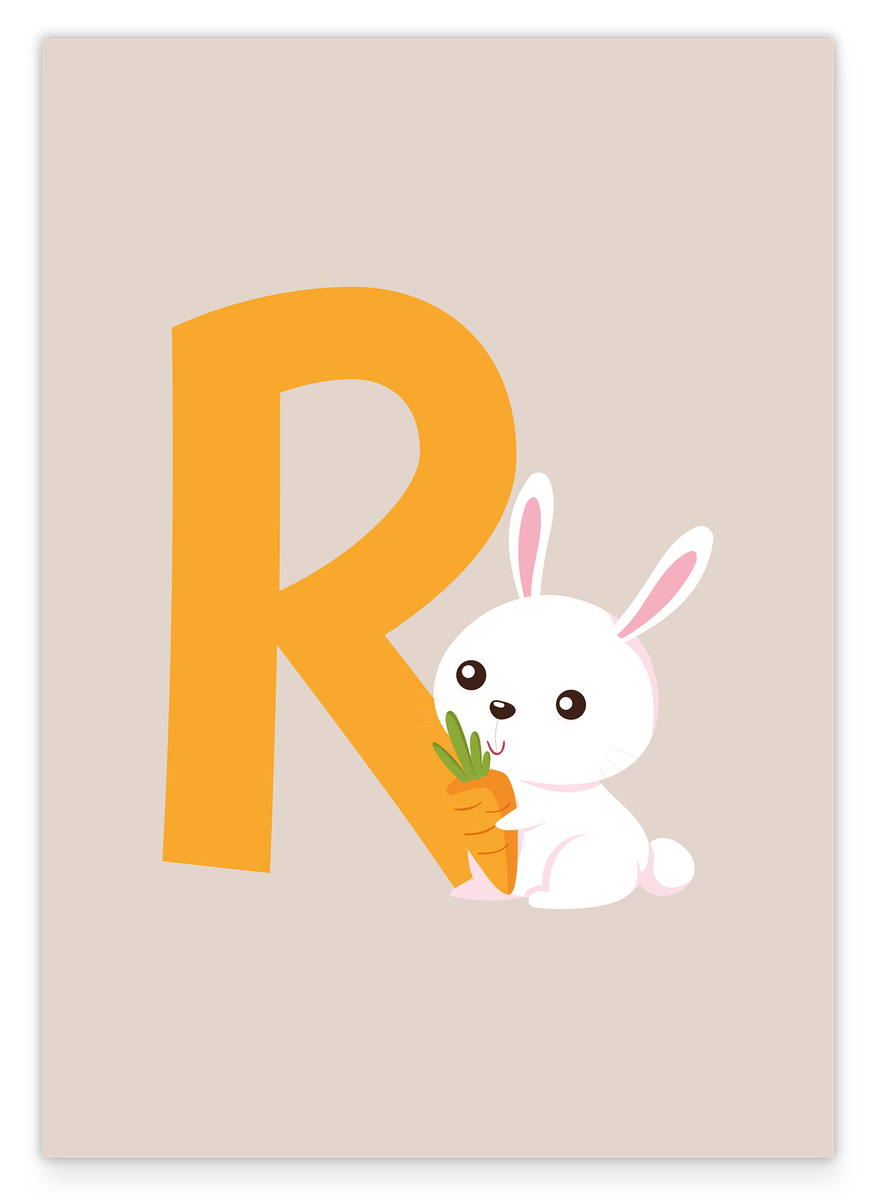 R is for Rabbit, letter for name, English ABC learning, bunny, children's decoration in beige