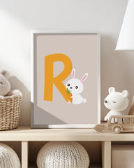 After Hover: R wie Rabbit, Buchstabe für Name, Englisches ABC Lernen, Hase, Kinder Dekoration in Beige