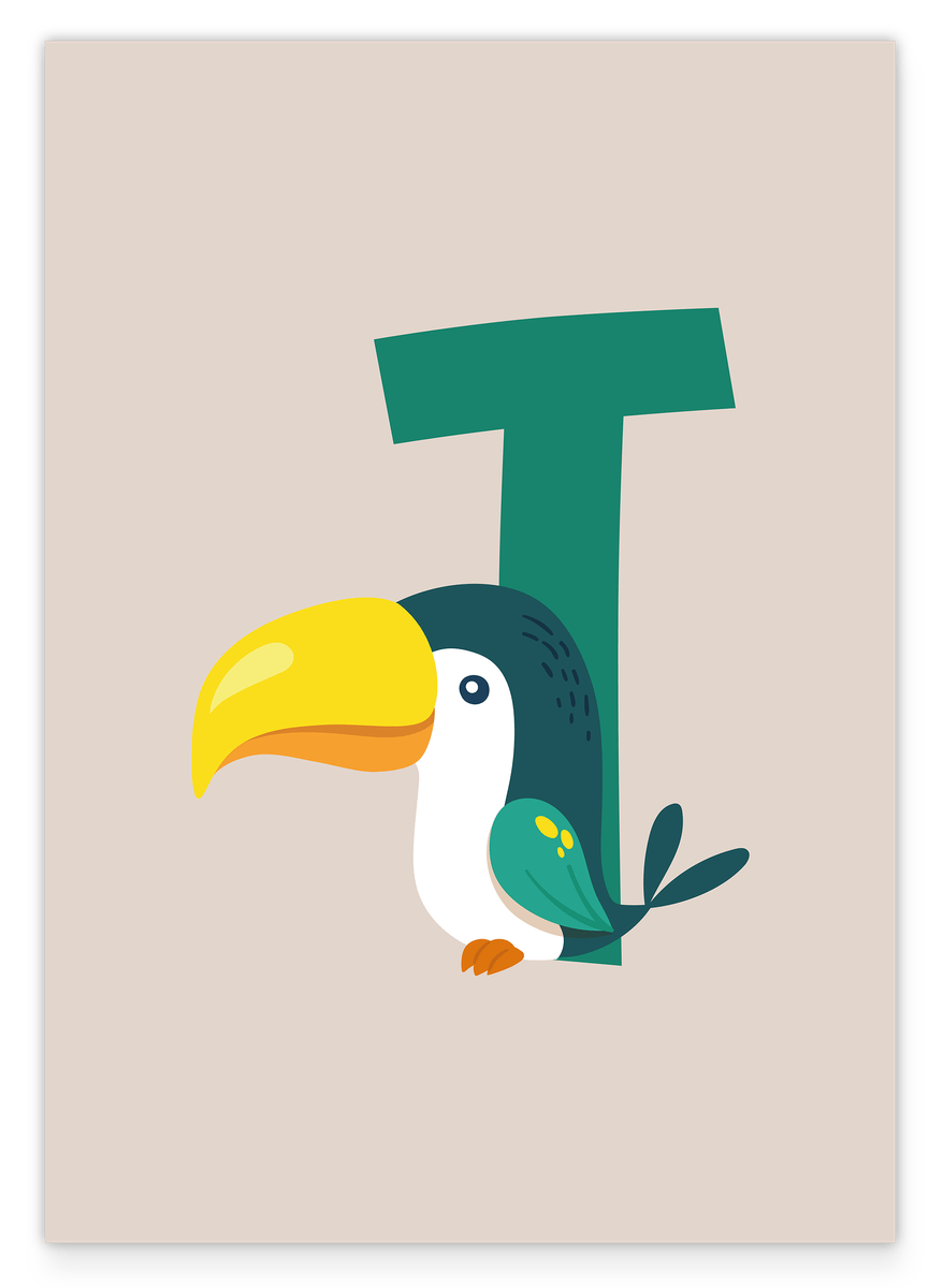 T is for Toucan, letter for name, ABC learning, cute drawing for children, home decoration