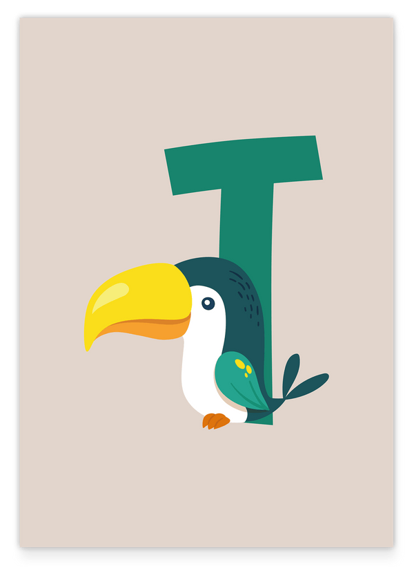 T wie Tukan, Buchstabe für Name, ABC Lernen, Süße Zeichnung für Kinder, Dekoration für Zuhause