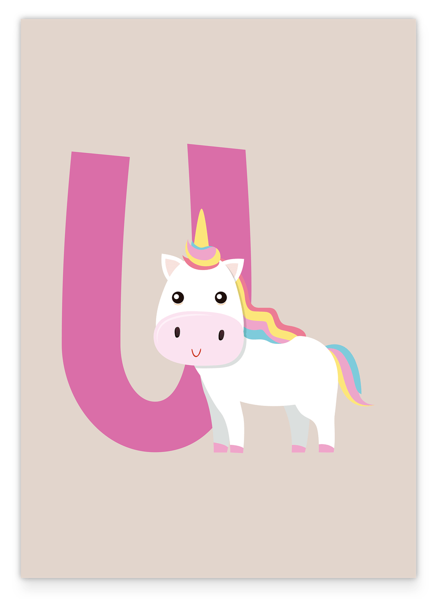 U is for Unicorn, Unicorn decoration for children in beige, ABC learning with English letters