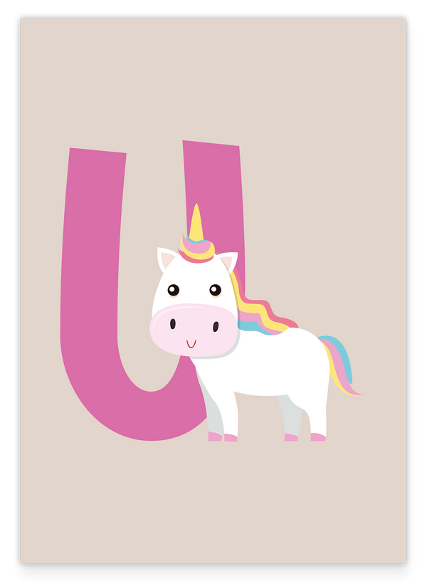 U wie Unicorn, Einhorn Deko für Kinder in Beige, ABC Lernen mit englischen Buchstaben