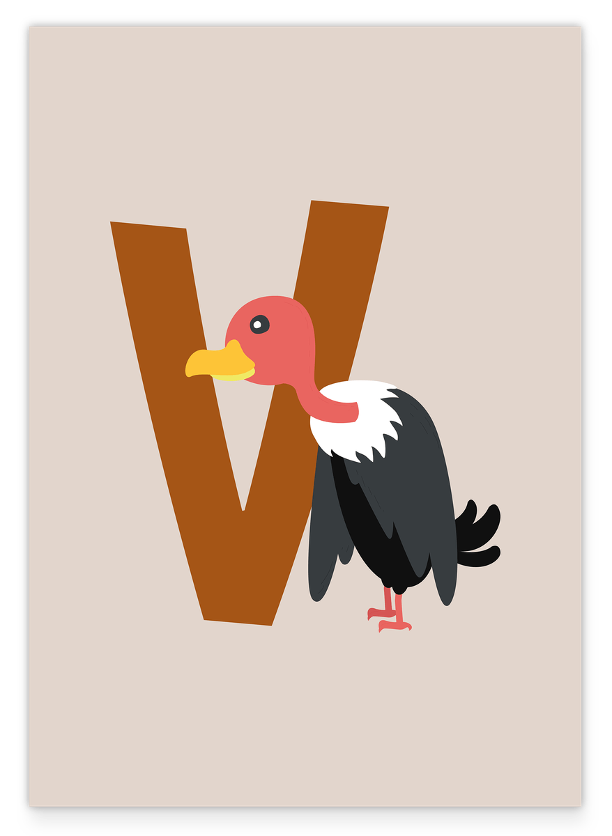 V is for Vulture, Cute Vulture Illustration in Beige, English ABC Learning, Nursery Decoration
