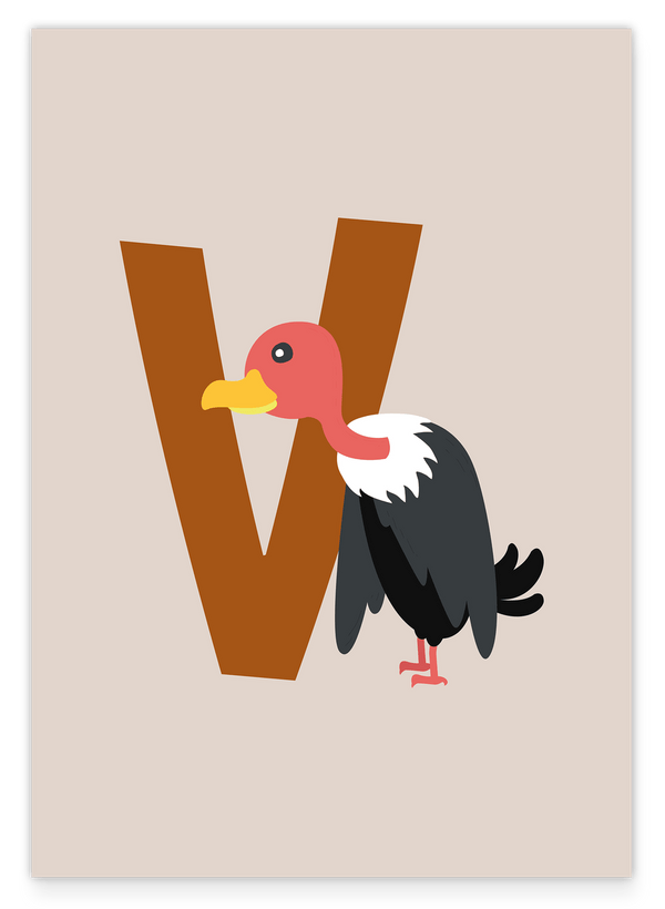 V wie Vulture, Süße Geier Illustration in Beige, Englisches ABC Lernen, Kinderzimmer Dekoration