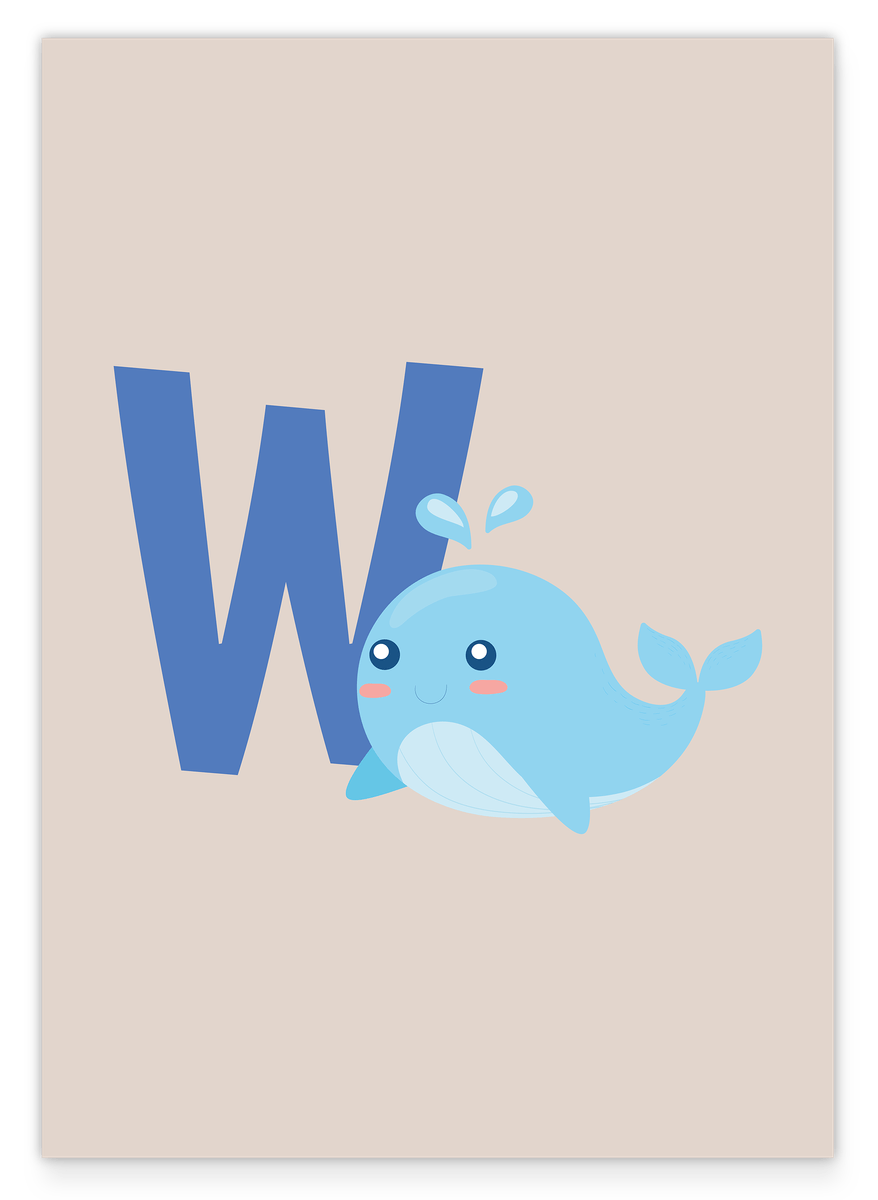 W is for Whale, letter for name, ABC learning, cute drawing for children, home decoration