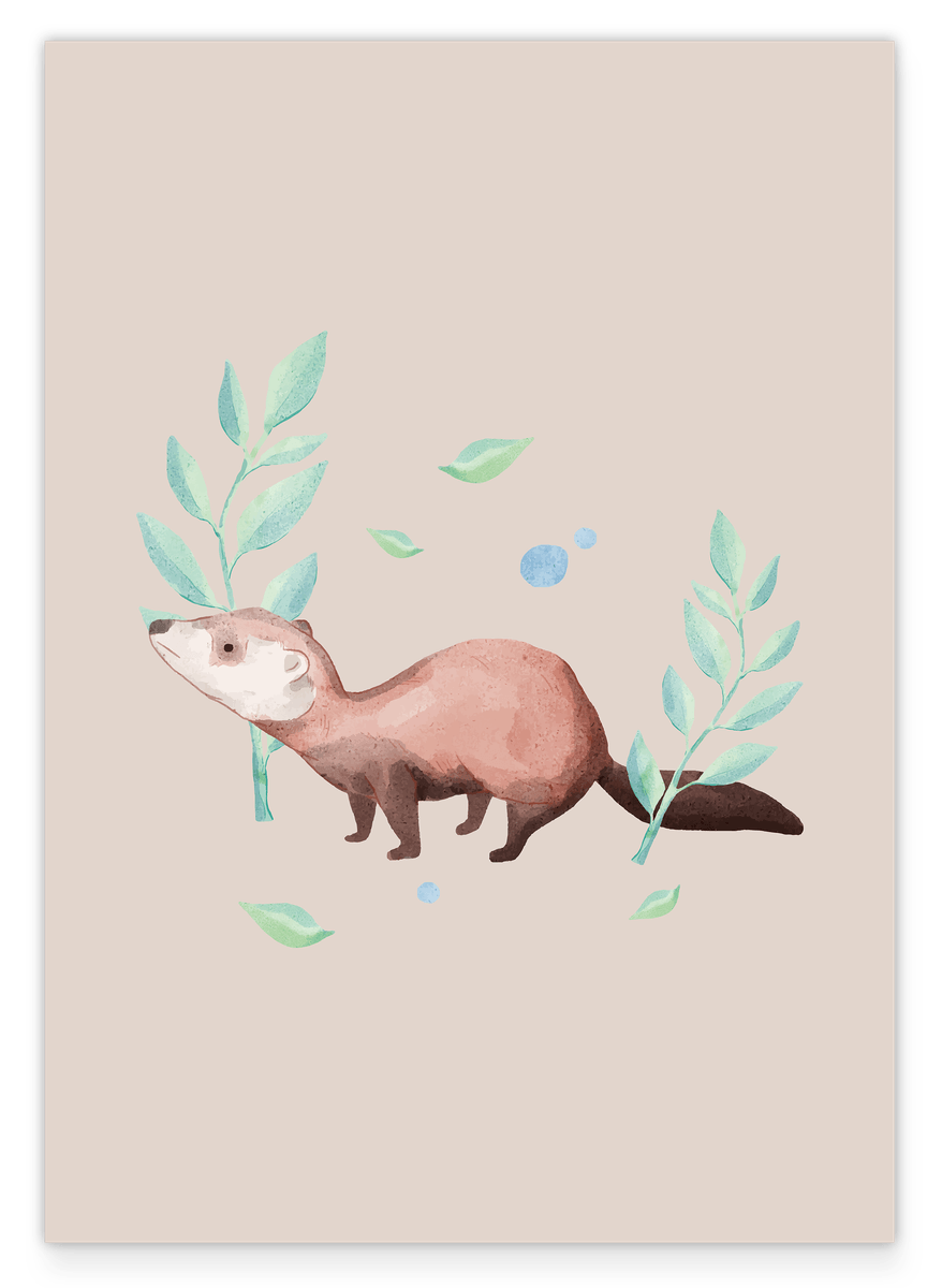 Weasel in the forest, animal illustration, cute watercolor drawing, home decoration