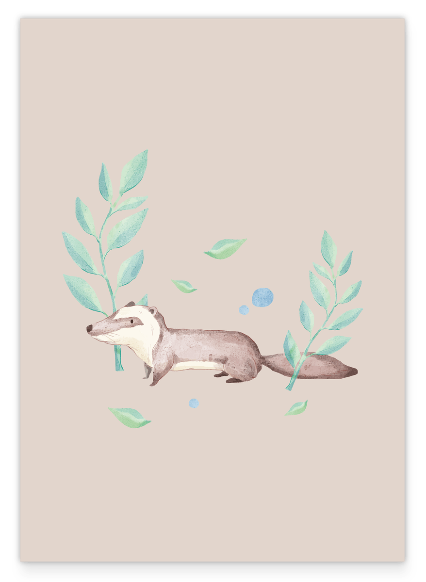 Cute badger in the forest, watercolor drawing, beige children's room decor, illustration for children