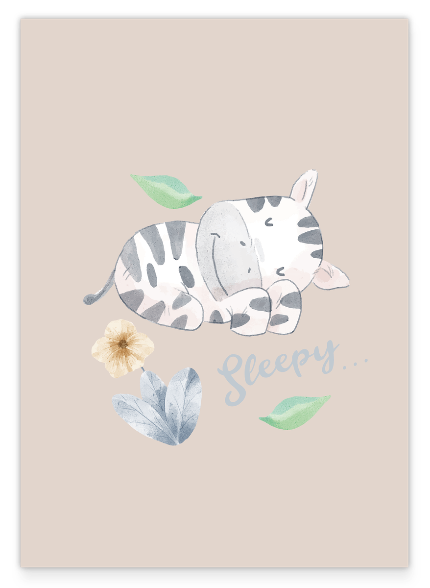 Sleeping Zebra, Goodnight Illustration for Children in Beige with Watercolors