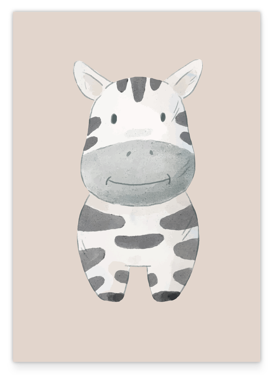 Smiling zebra in beige, animal illustration for children in watercolor style