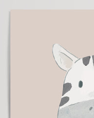 After Hover: Smiling zebra in beige, animal illustration for children in watercolor style