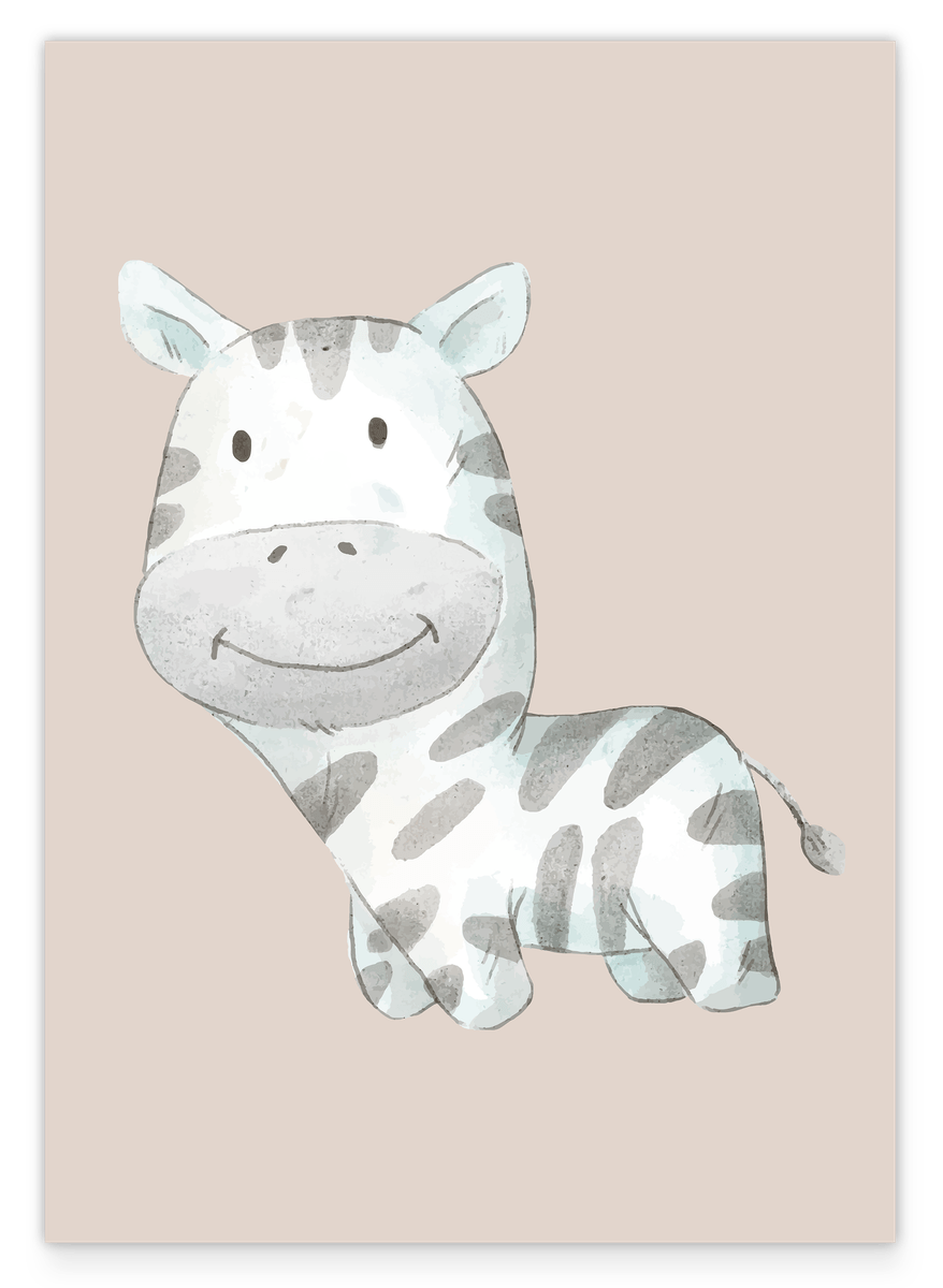 Lächelndes Zebra, Tier-Zeichnung in Wasserfarben-Optik, Kunst für Kinder, Deko für Zuhause