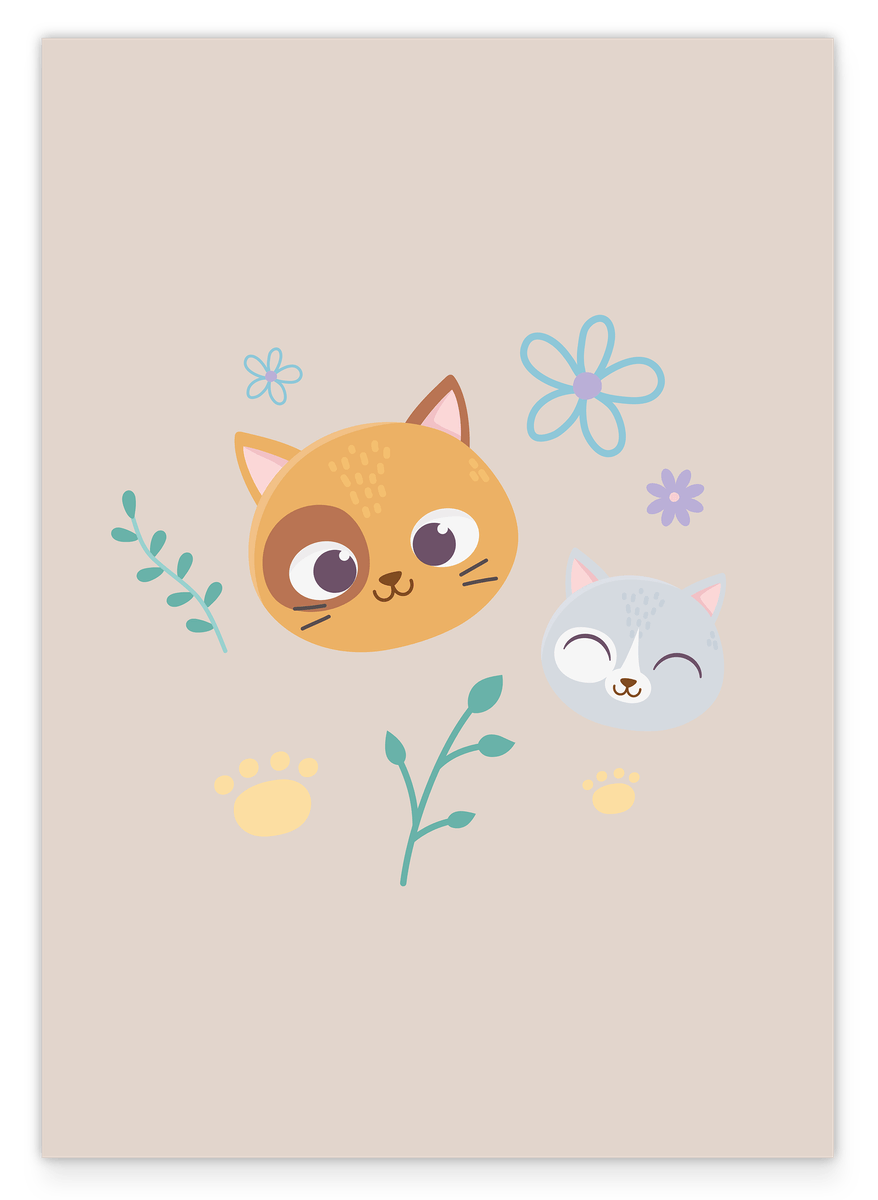 Cats in a flower field, art for home, cute illustration, drawing for children