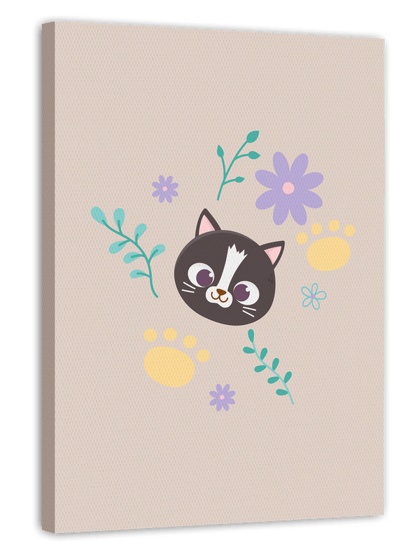 Katze im Blumenfeld, Süße Zeichnung, Kunst für Kinder, Tier-Illustration, Deko für Zuhause