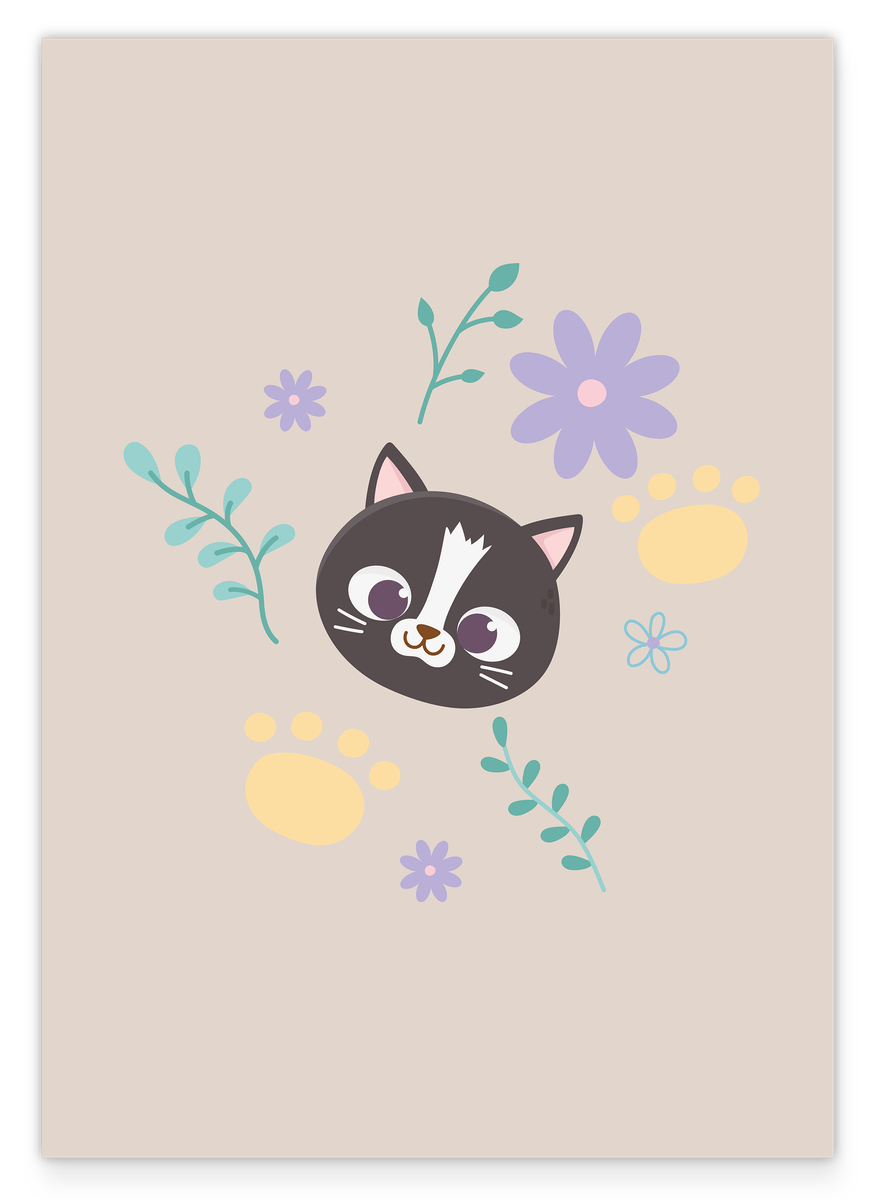 Cat in a field of flowers, cute drawing, art for children, animal illustration, home decor